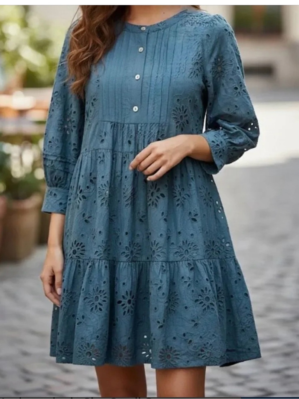 dRA Teal Blue Eyelet Tiered Mini Dress
